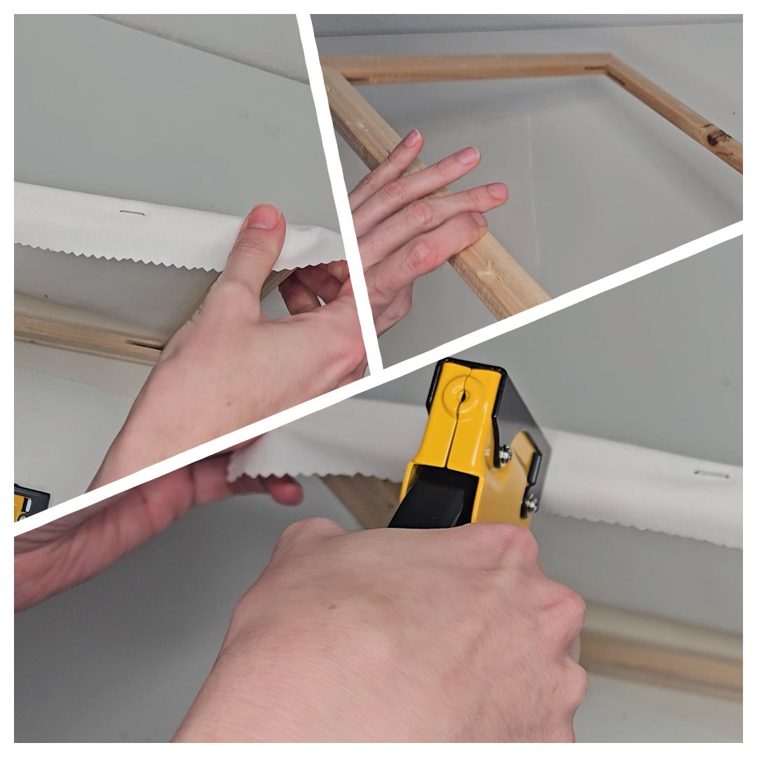 Step-by-step demonstration of stretching fabric on a wooden frame using a staple gun, featuring close-up shots of hands and tools