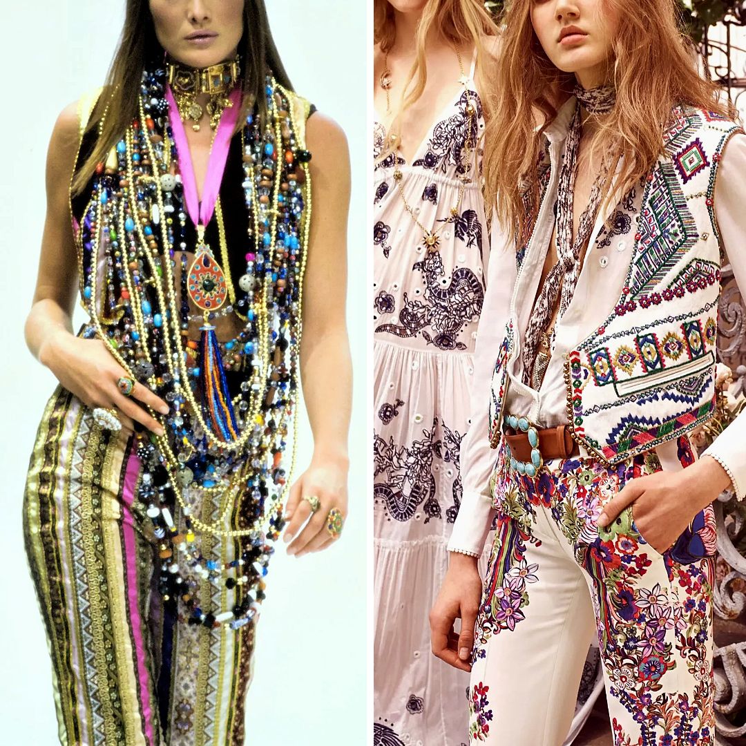Collage showing boho fashion looks with layered beaded necklaces from Dolce & Gabbana Spring 1993 and embroidered vest and trousers from Roberto Cavalli Resort 2017. A mix of nomadic textures and vibrant folkloric embellishment.