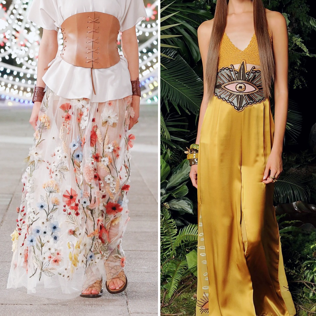 Christian Dior Resort 2021 look with floral embroidered skirt and corset belt alongside Scotch & Soda Spring 2017 golden satin dress with embroidered eye motif, both highlighting bohemian motifs in contemporary fashion.