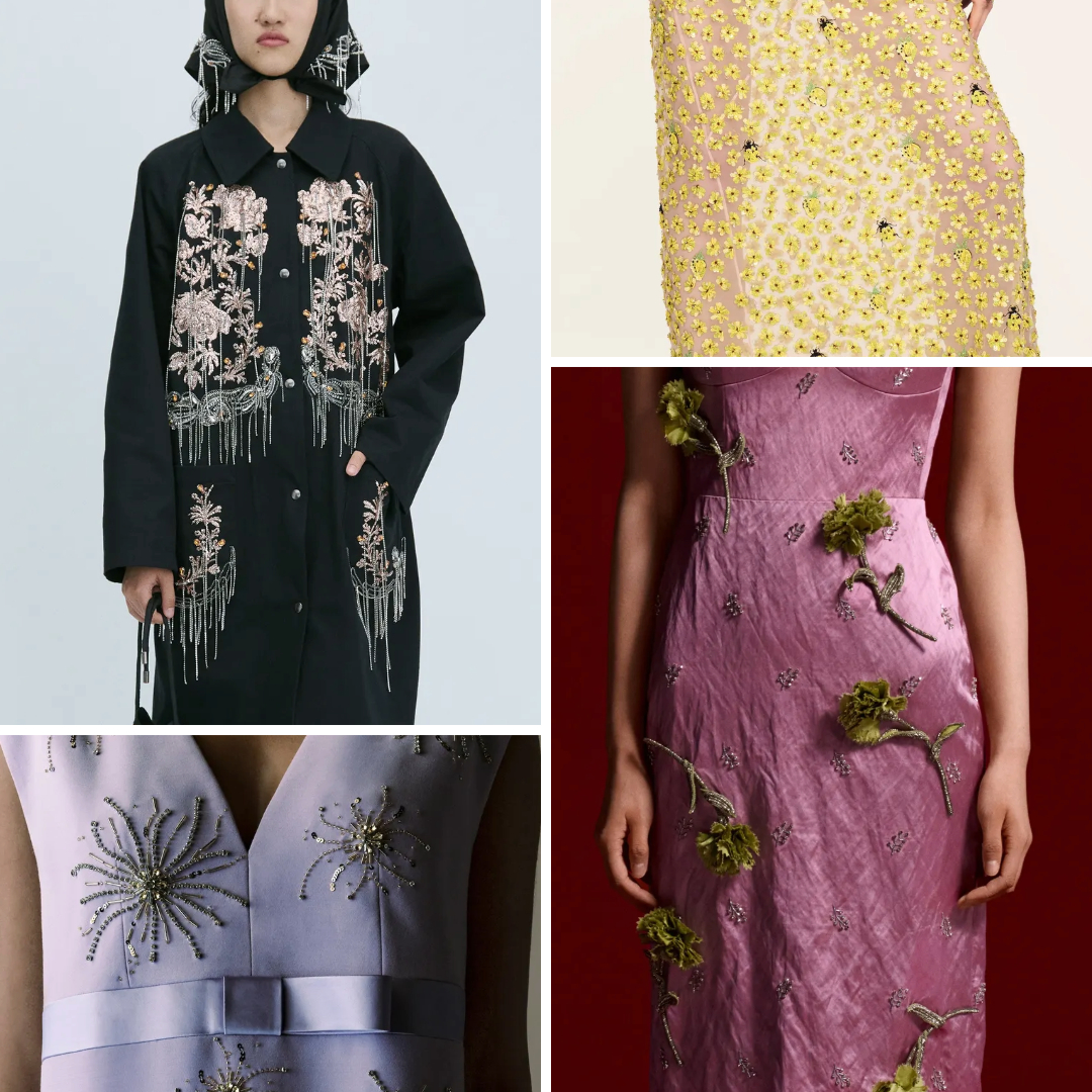 A collage of four fashion looks showcasing embroidery trends for Spring/Summer 2025: Top left, a black embellished coat with cascading floral motifs and beadwork from Erdem Resort 2025; Top right, a bright yellow Versace gown adorned with small floral patterns across sheer fabric; Bottom left, a lavender Jenny Packham dress with intricate starburst bead embellishments; Bottom right, a pink Erdem dress featuring 3D floral appliqués and small beaded details for a romantic look