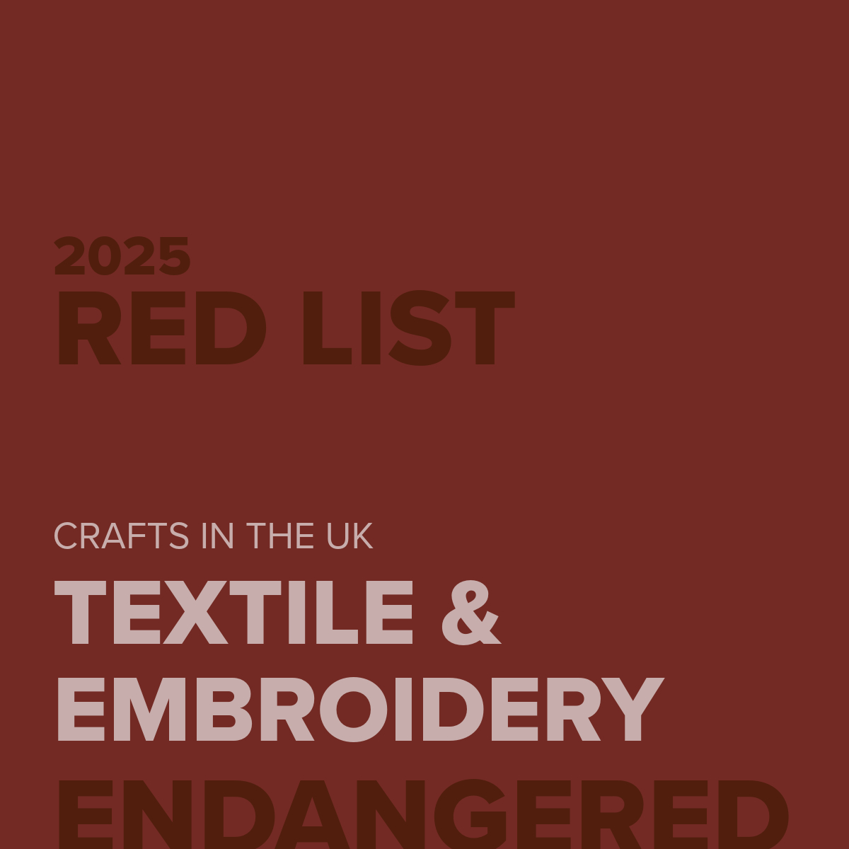 Cover image for a blog article on endangered textile and embroidery crafts in the UK, featuring bold red typography on a maroon background referencing the 2025 Red List.