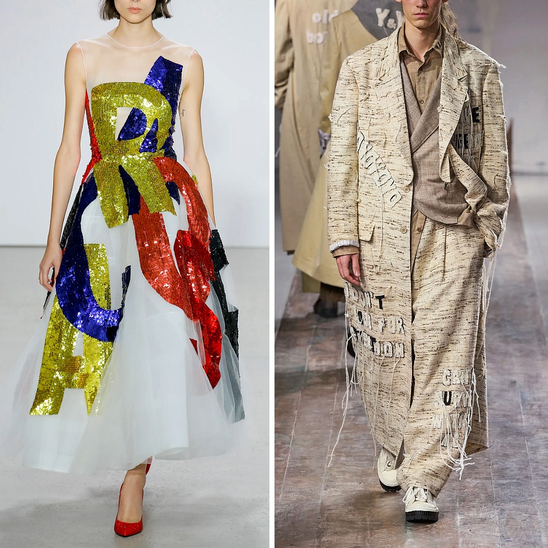 Oscar de la Renta dress with oversized sequinned letters next to a Yohji Yamamoto look featuring raw appliquéd text and loose threads