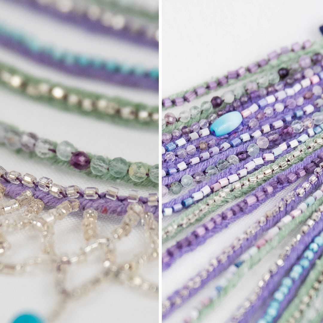 Detailed close-up of a modern ozherelok necklace made with lavender and green textile cords, glass beads, and turquoise accents—highlighting layered construction and fine beading inspired by traditional Russian folk jewelry