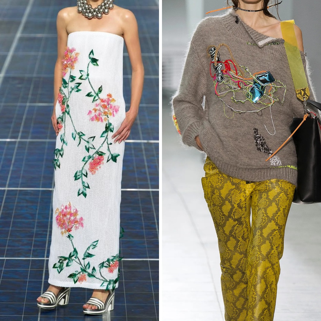 Embroidery on knit in fashion — from dense floral embellishment to exposed, unstable stitching