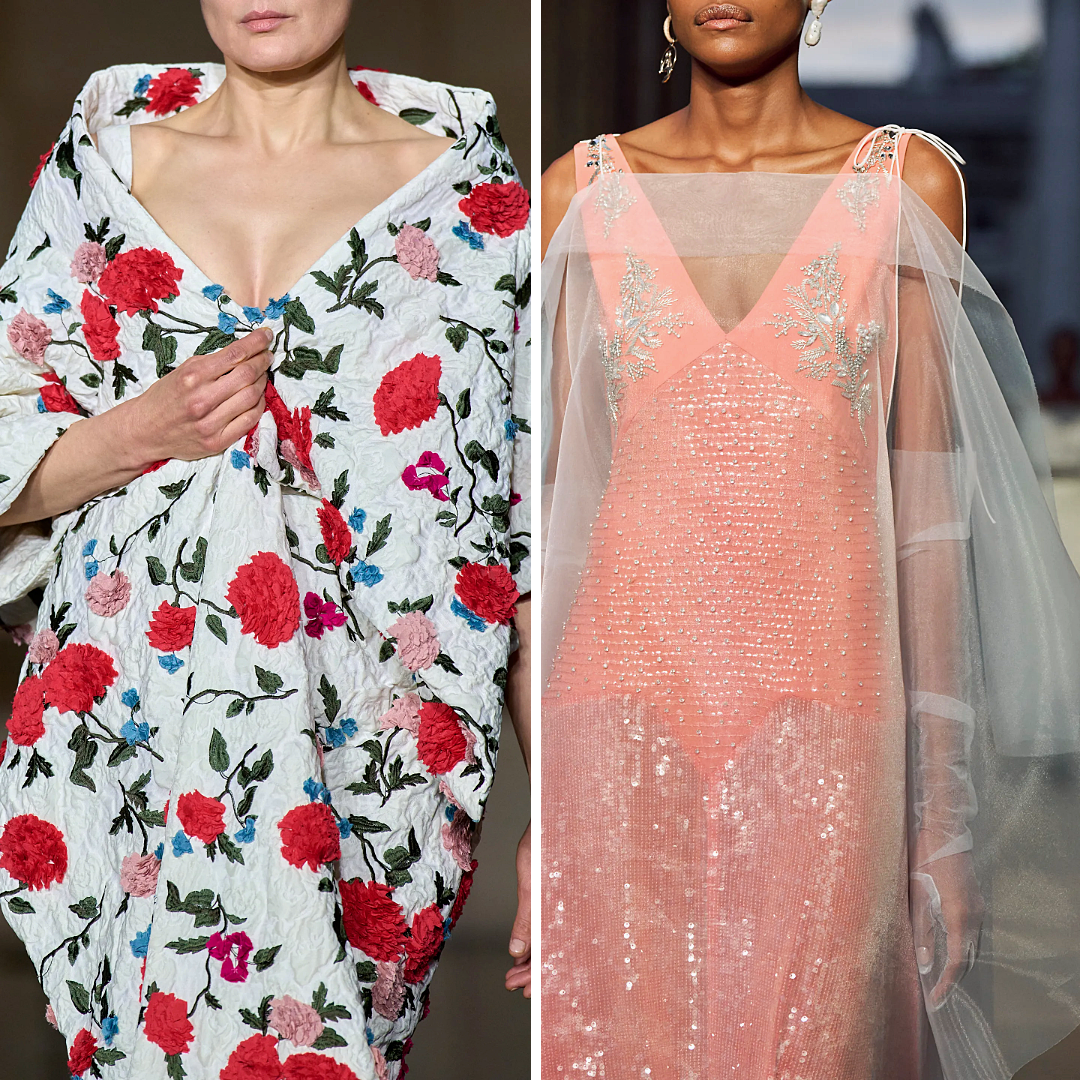 Left: Erdem Fall/Winter 2024 gown in white crushed cotton embroidered with bold red florals. Right: Erdem Spring/Summer 2024 dress with coral sequin base and sheer tulle overlay, embroidered with silver detailing.