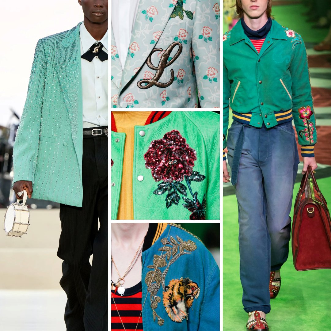 A collage showcasing embroidered menswear by Gucci and Amiri. Top left: A turquoise blazer with sparkling bead embroidery by Amiri. Top center: A pastel blazer featuring floral embroidery and a monogrammed 'L' detail by Gucci. Top right: A green Gucci jacket adorned with sequin-embroidered floral motifs paired with casual blue trousers. Bottom center: A close-up of a green leather Gucci jacket with a sequin-embroidered red rose. Bottom right: A blue Gucci varsity jacket with golden tiger and floral embroidery, styled over a striped shirt