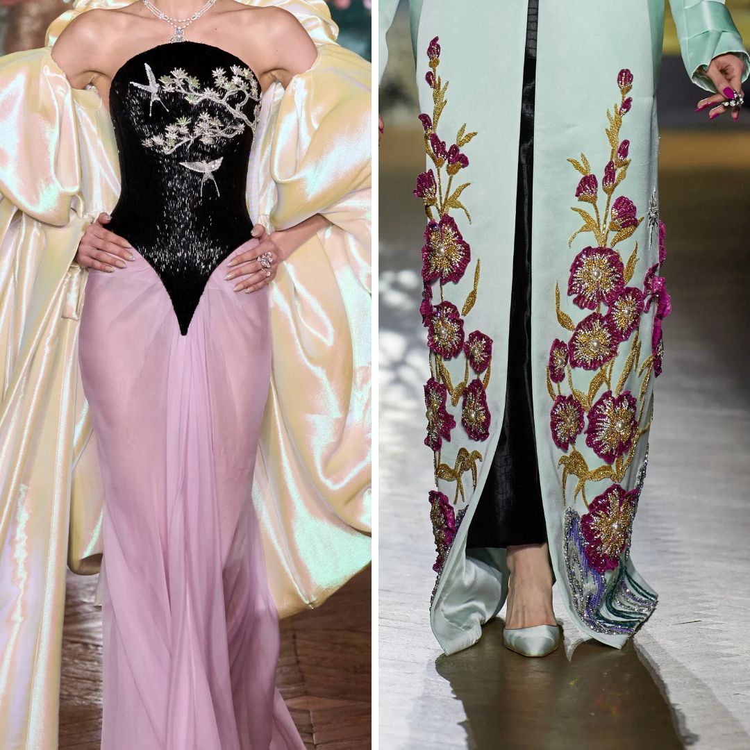 A collage of couture gowns featuring intricate floral embroidery, shimmering embellishments, and structured silhouettes, blending elegance and high-fashion craftsmanship