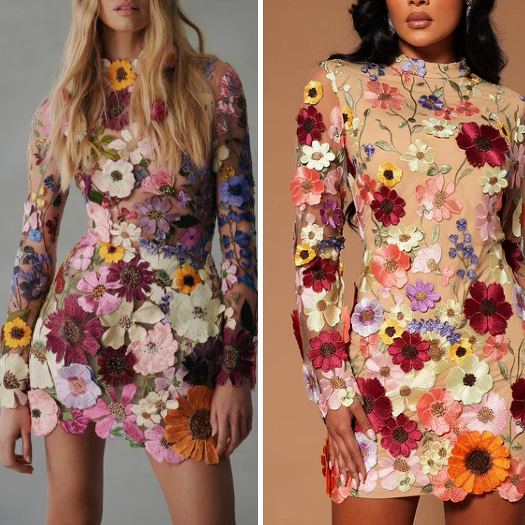 Side-by-side comparison of the original Oscar de la Renta Fall 2021 embroidered floral dress and a lower-quality fast fashion imitation, highlighting the difference in texture, density, and craftsmanship of couture embroidery versus mass-produced copies.