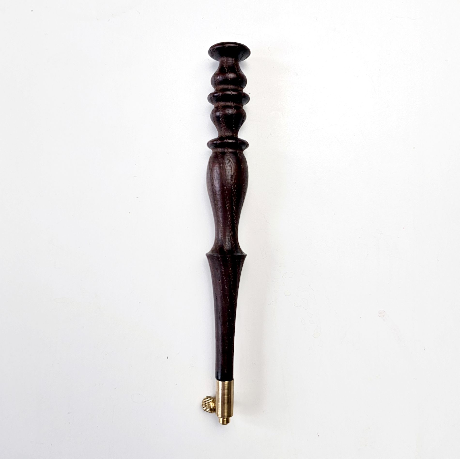 Dark ash tambour hook with chess-inspired turned handle and brass screw fitting, supplied with size 70 needle for Luneville embroidery