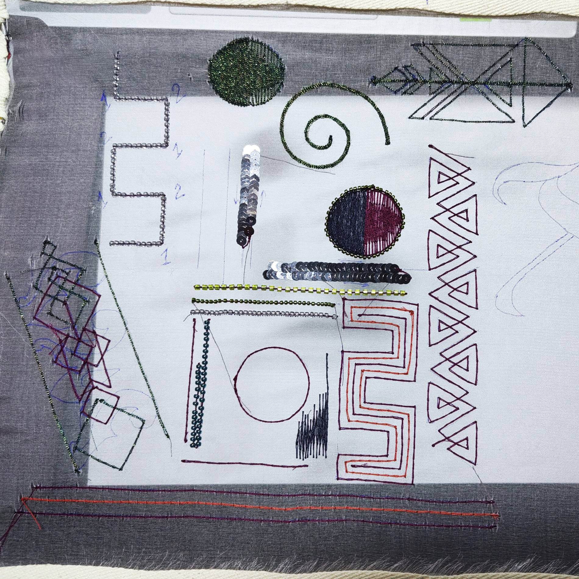 Lunéville embroidery student progress showing practice samples with sequins, beads, and thread, including zigzag lines, spirals, geometric shapes, and filled circles on silk organza
