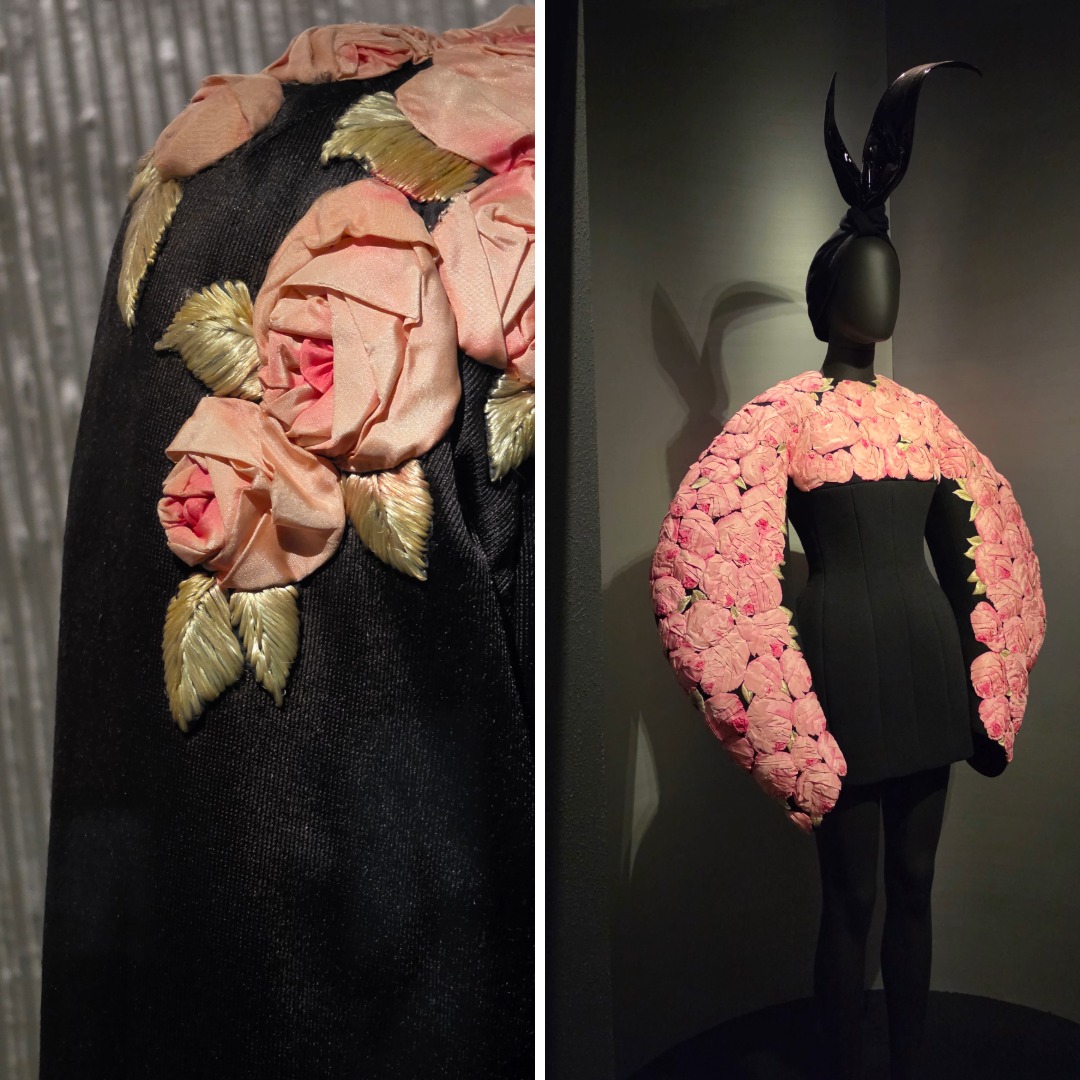 Schiaparelli 1937 rose evening coat detail shown beside a Fall 2021 Couture rose-covered garment at the V&A exhibition.