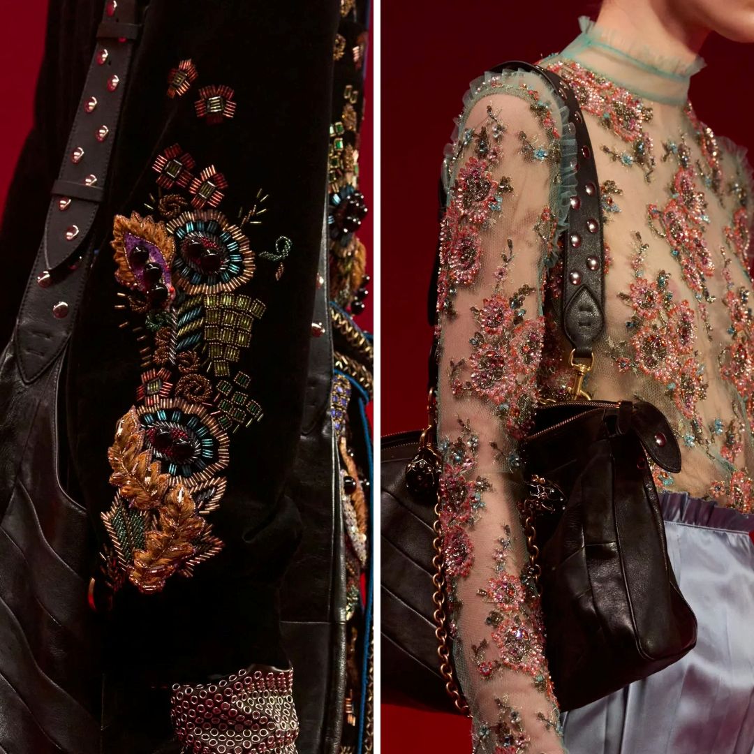 Side-by-side close-up of two Valentino Fall 2025 garments: a black velvet sleeve with goldwork and raffia embroidery, and a sheer mesh top densely beaded with pastel floral motifs and crystal details.