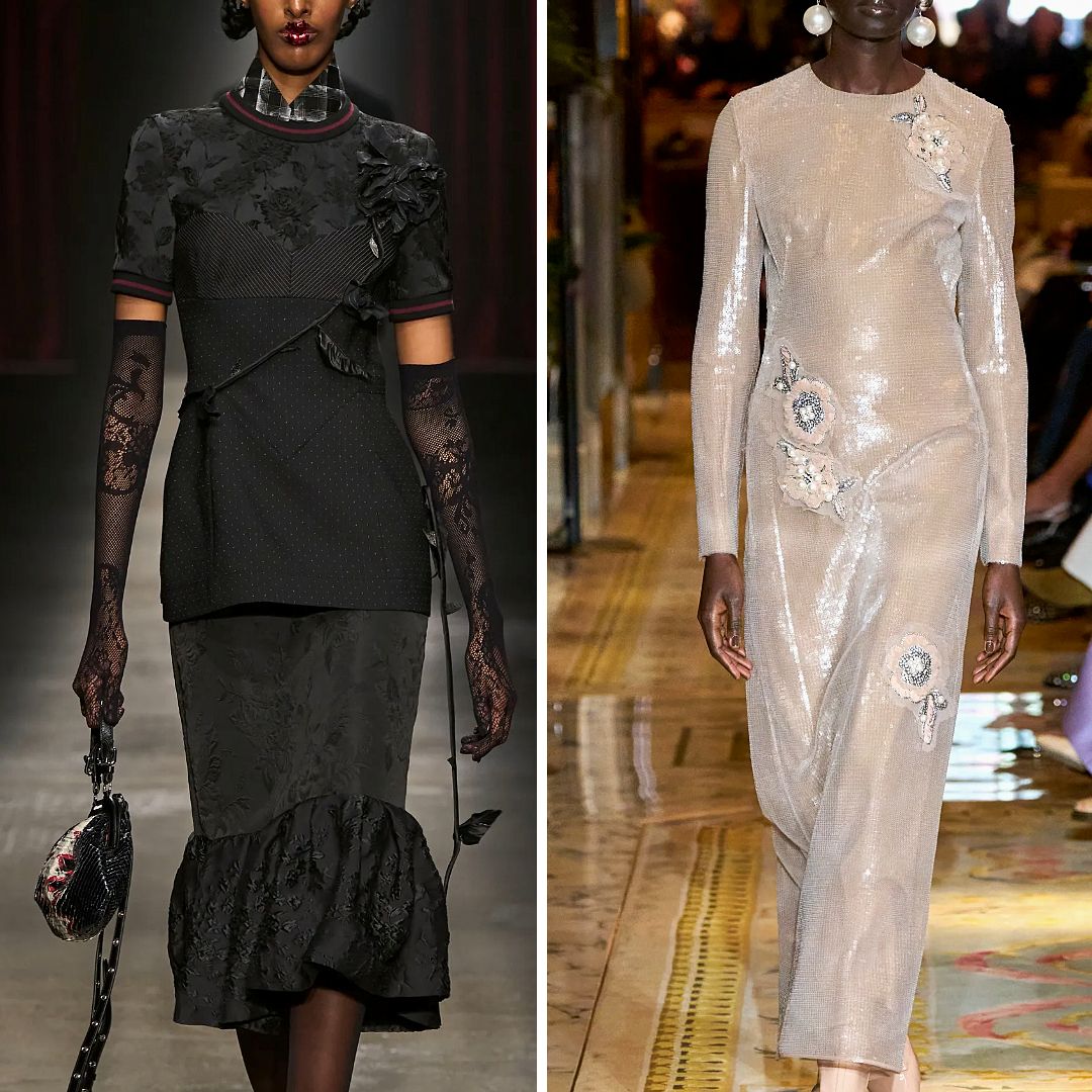 Cover image featuring couture floral embellishments from Fall/Winter 2025 collections: matte black embroidery on textured wool and pale sequin florals on eveningwear