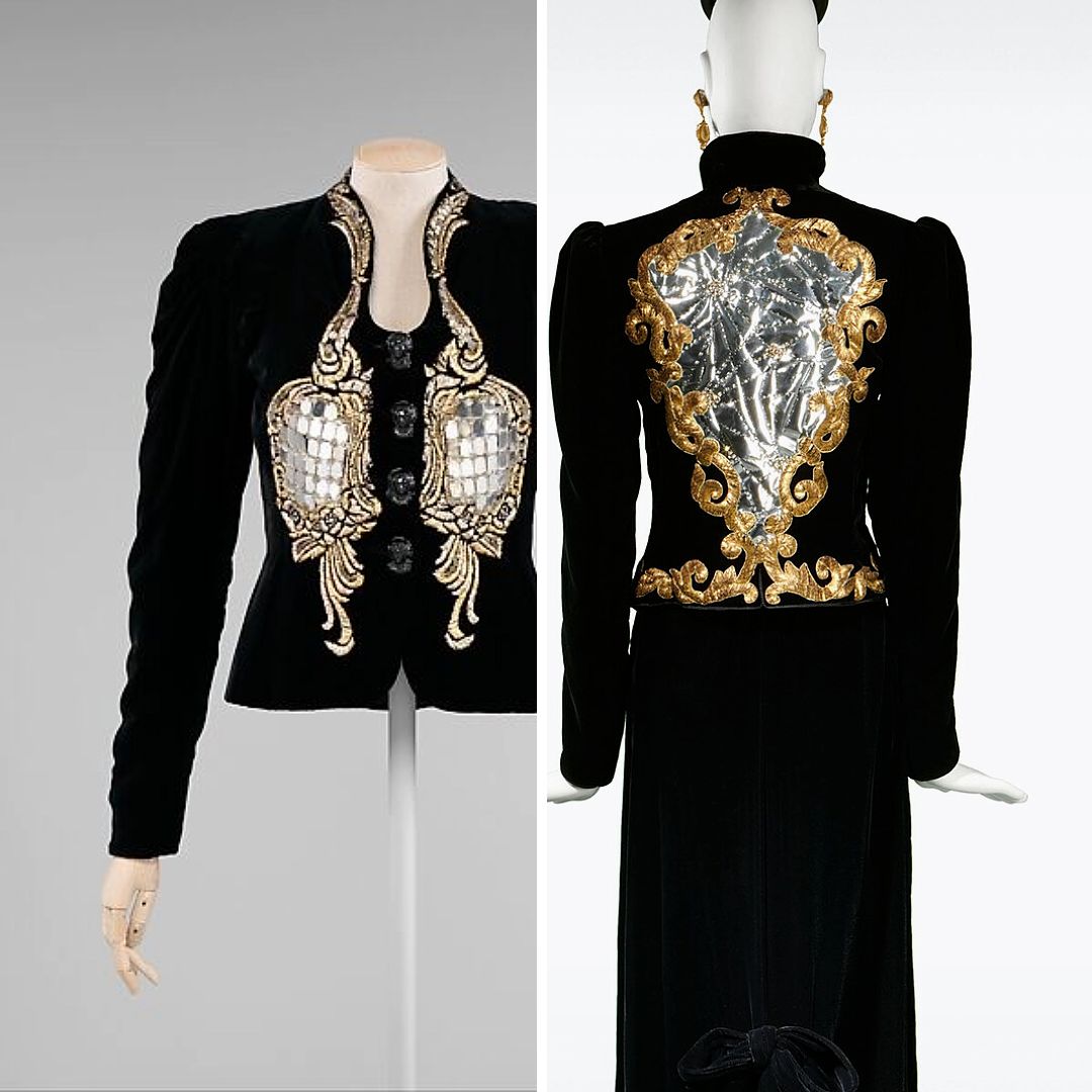 Side-by-side comparison of Elsa Schiaparelli’s Hall of Mirrors jacket from Autumn/Winter 1938–39, with mirrored panels framed in embroidery, and Yves Saint Laurent’s Autumn/Winter 1978 haute couture black velvet jacket embroidered with a trompe-l’œil broken baroque mirror on the back