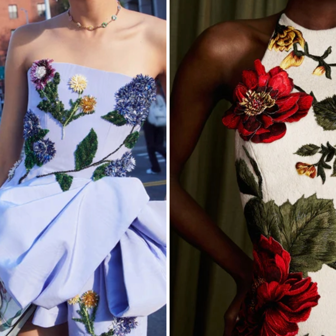 Close-up collage of Oscar de la Renta gowns featuring detailed floral embroidery with 3D beadwork and satin appliqué from recent collections