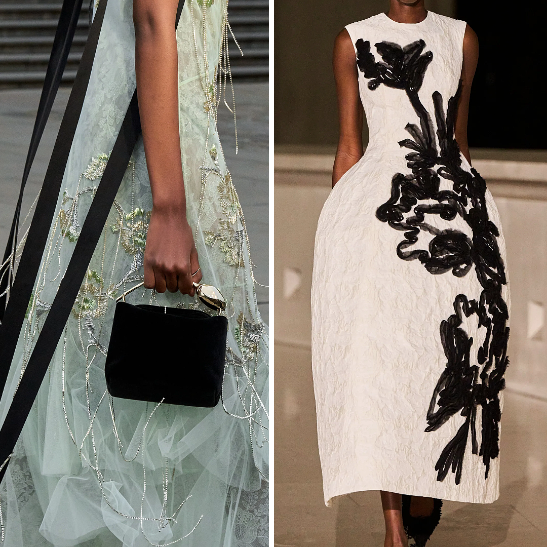 Side-by-side detail of two Erdem runway looks: on the left, a mint green embroidered gown from Spring/Summer 2025 adorned with pearl-like beading and floral threads; on the right, a sculptural white dress from Autumn/Winter 2025 with bold black floral appliqué. These pieces showcase Erdem’s narrative use of embellishment across seasons.