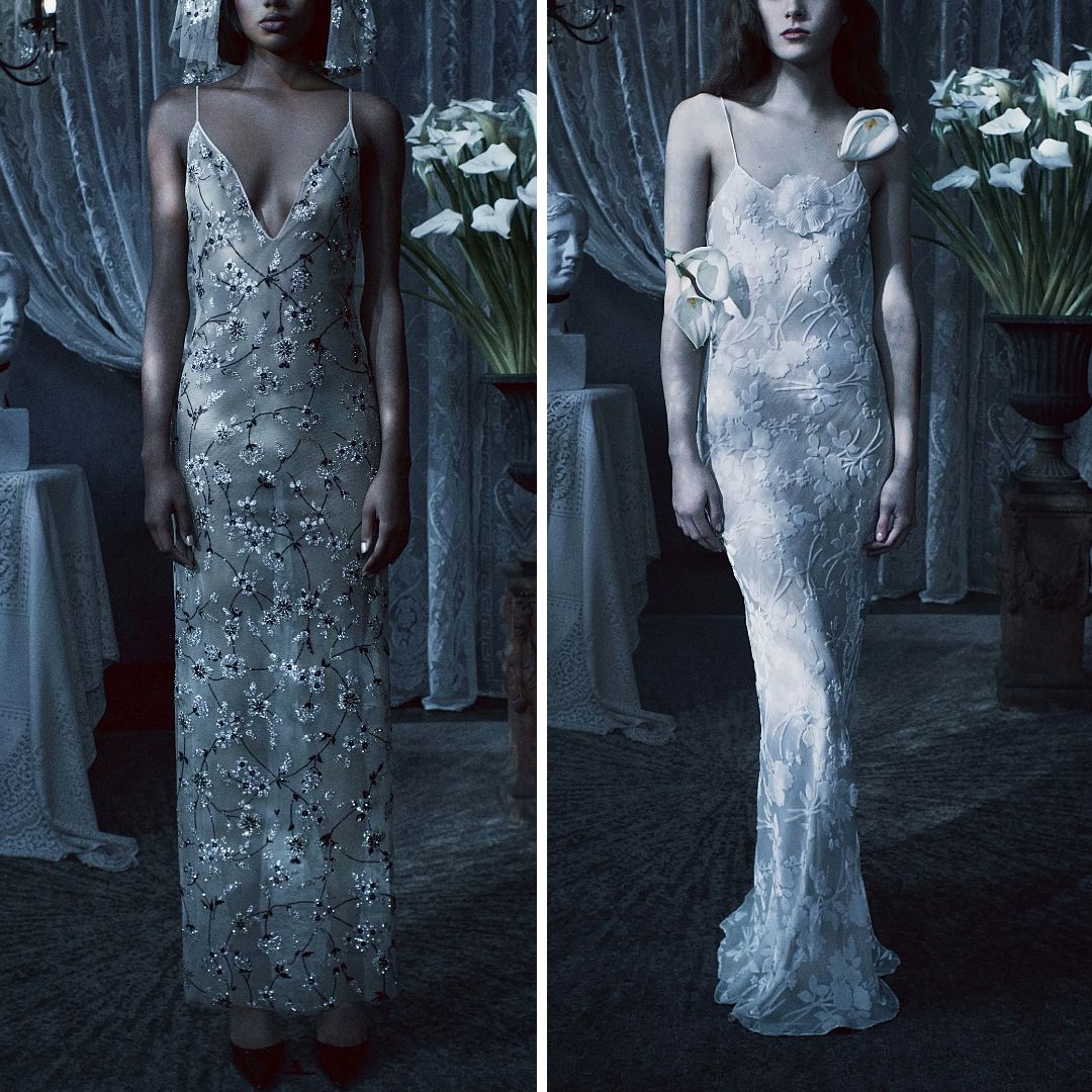 Rodarte Fall 2025 collection cover image featuring two sheer slip dresses with floral detailing—one embroidered with silver beading, the other in tonal white appliqué