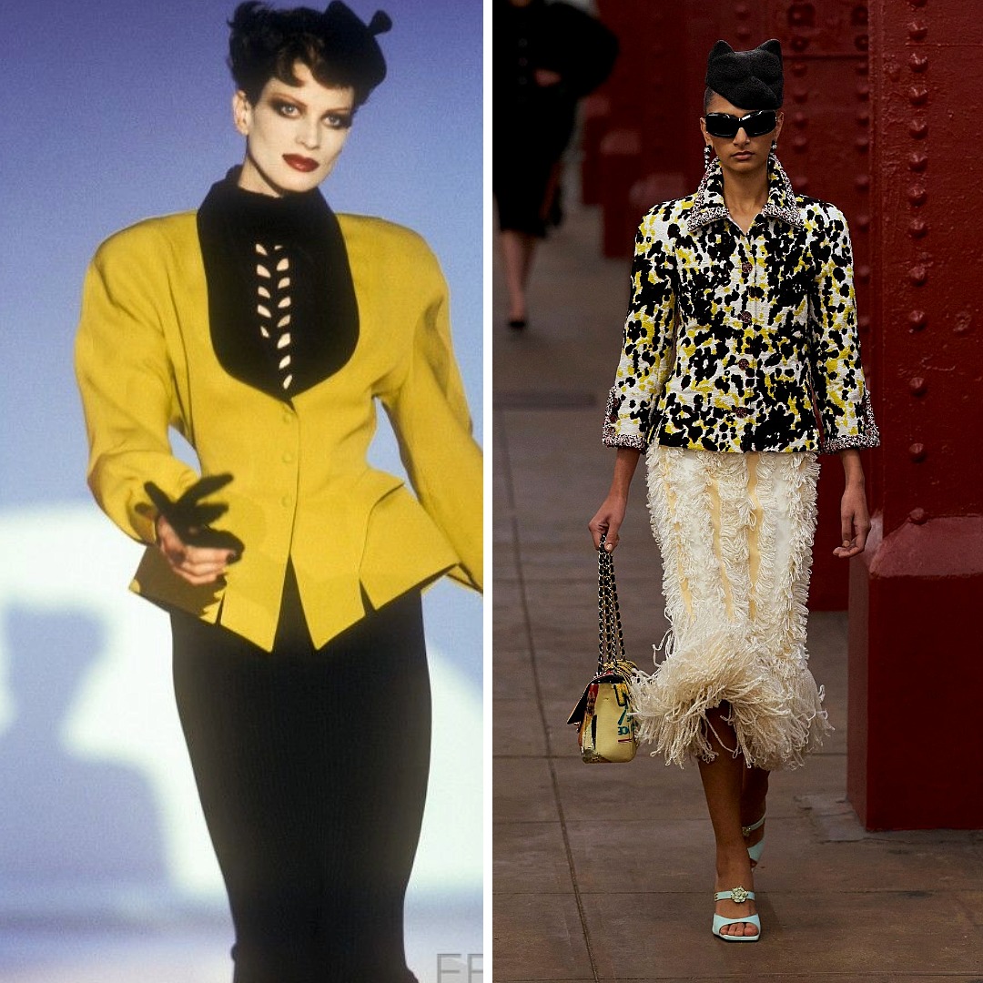 A split image showing two eras of black-and-yellow fashion. Left: a look from Thierry Mugler Autumn–Winter 1992 Couture featuring a sharp yellow jacket with a black sculpted neckline and tailored black skirt. Right: a Chanel Pre-Fall 2026 runway look with a black-and-yellow textured jacket paired with a cream skirt trimmed with dense feather detailing. Together, the images illustrate how designers reinterpret this high-contrast palette across decades.