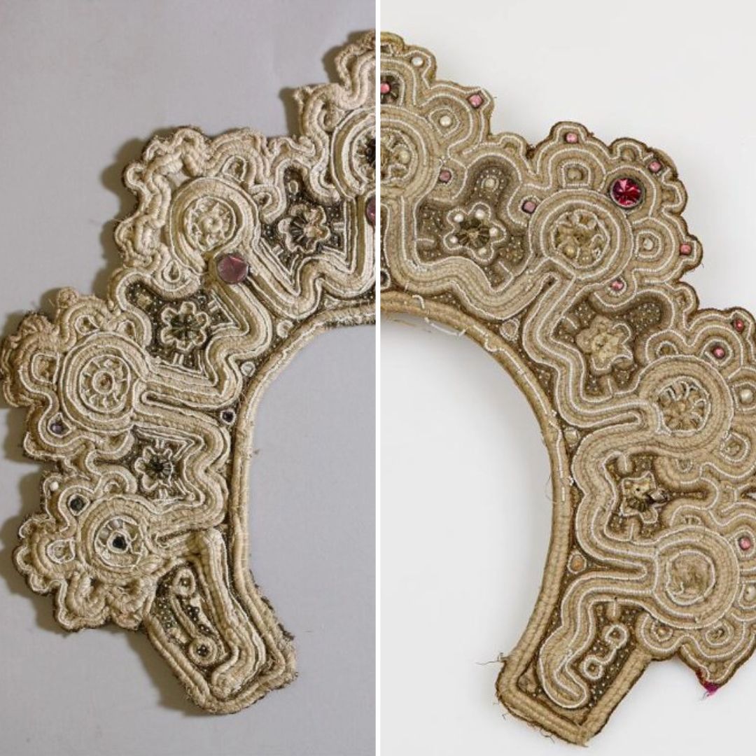 Side-by-side comparison of two Pinezhsky pearl diadems. The left image shows a diadem from the V&A Museum with intricate beadwork, pearls, and floral motifs on a white fabric base. The right image features a similar diadem from a Russian collection, showcasing vibrant colored accents and raised patterns created using сажение по бели techniques