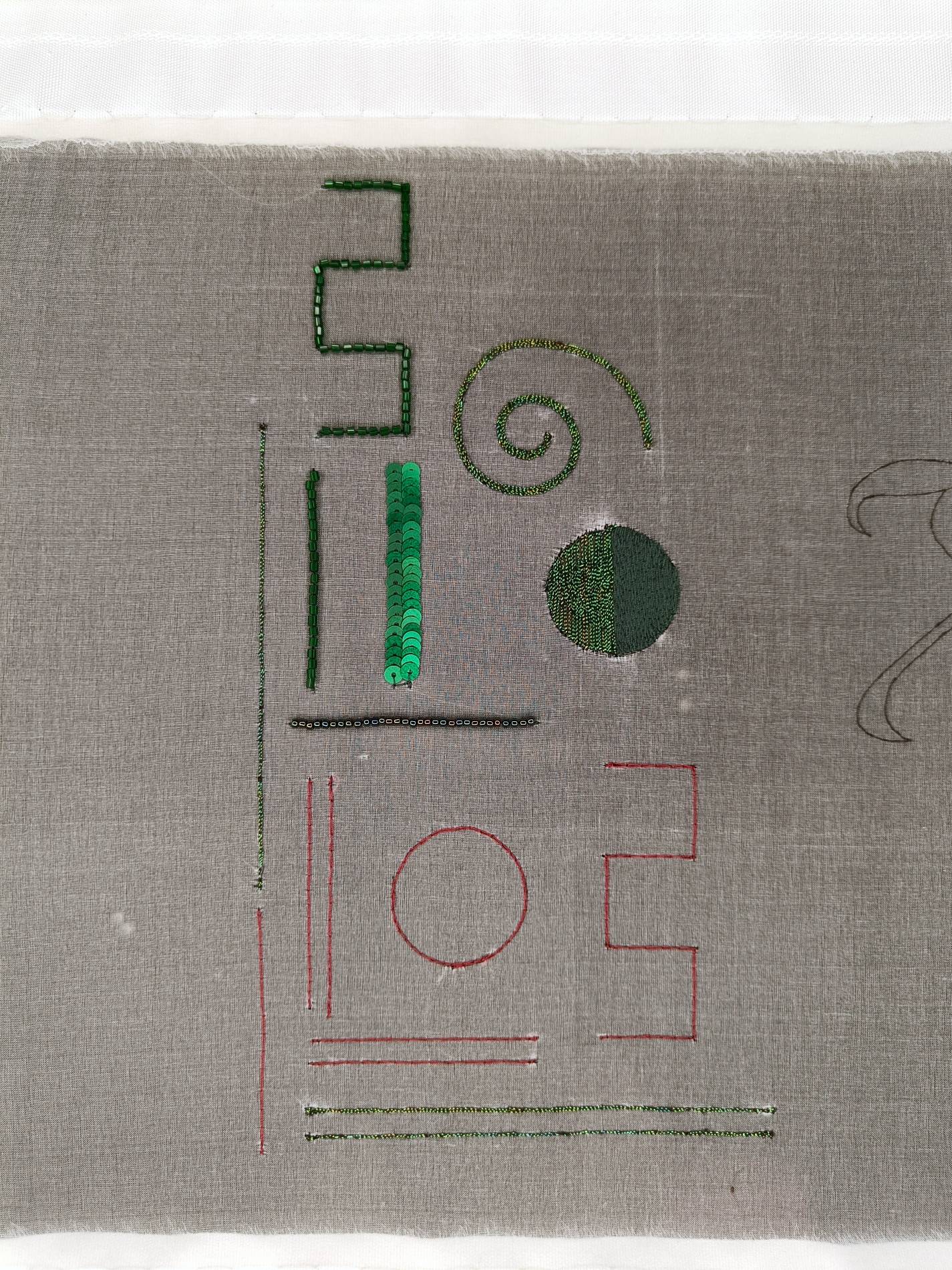 Lunéville embroidery student progress showing bead and sequin practice samples with straight lines, zigzag, spiral, and filled shapes stitched on silk organza fabric