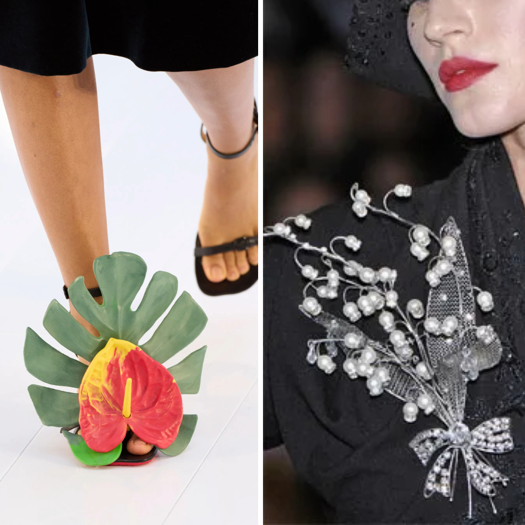 Floral fashion details: Loewe’s sculptural anthurium and monstera sandal from Spring 2023 and Dior’s pearl lily of the valley embellishment