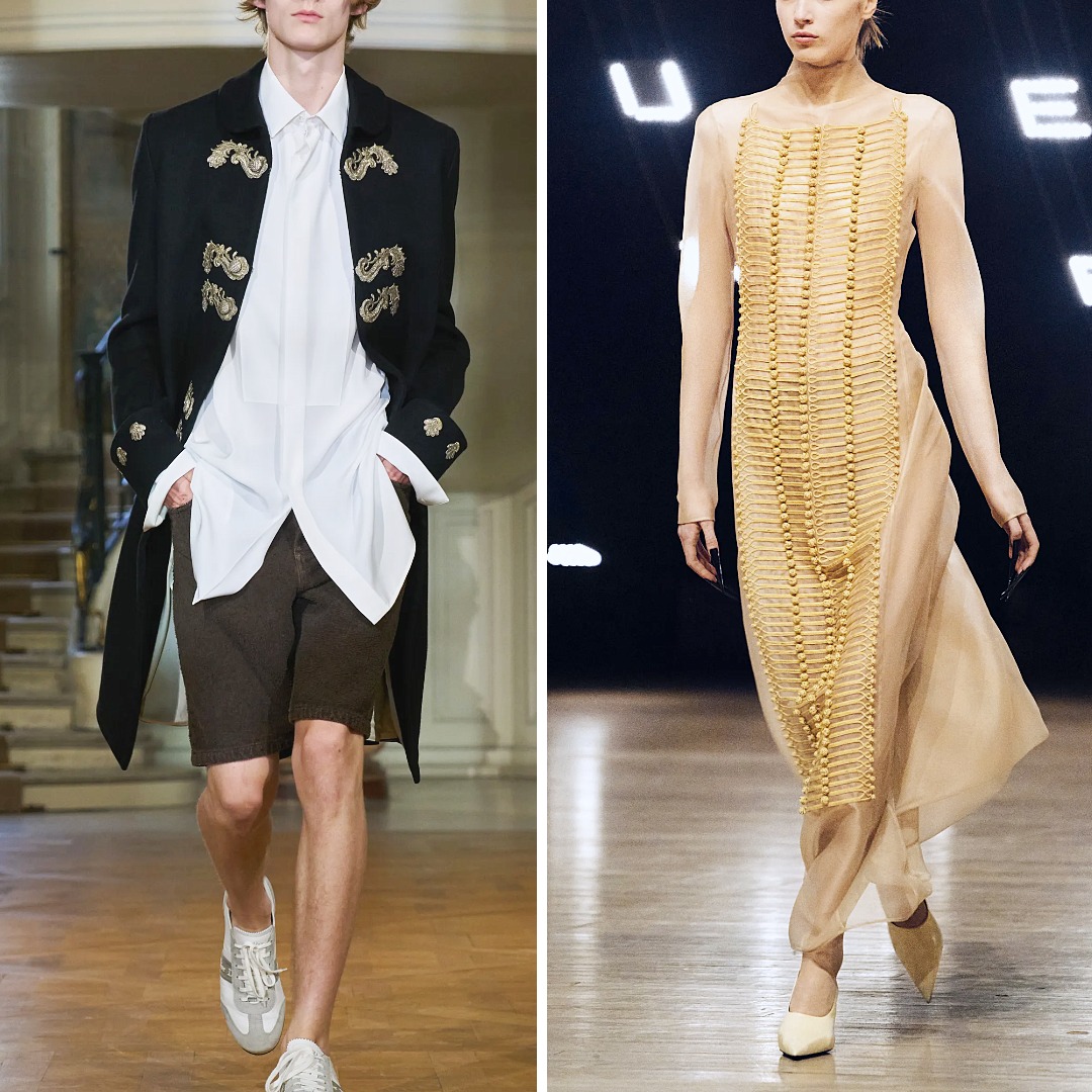 Jonathan Anderson’s Dior Men Spring/Summer 2027 black Napoleon-style coat with gold ornamental embroidery, alongside Khaite Fall/Winter 2026 Toldo Dress in sheer silk organza with hand-embroidered military-inspired gold cording and soutache buttons.