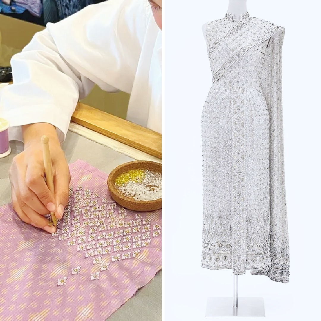 SIRIVANNAVARI hand embroidery on Thai silk beside an embroidered Thai couture dress, connecting contemporary craft with Thailand’s couture history.