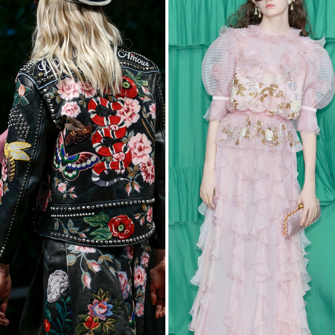 Side-by-side comparison of Gucci Spring 2016 and Valentino Pre-Fall 2025 collections. Features a black leather jacket adorned with embroidered floral and snake motifs from Gucci and a soft pink dress with delicate floral embellishments and layered ruffles from Valentino