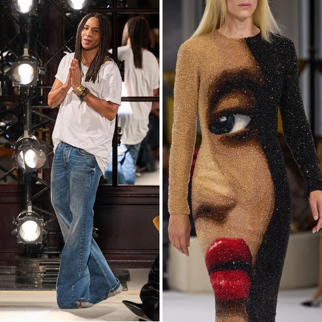 Collage showing Olivier Rousteing at a Balmain runway show beside a model wearing a hand-embroidered portrait dress from his collection, covered in thousands of beads forming a face motif.