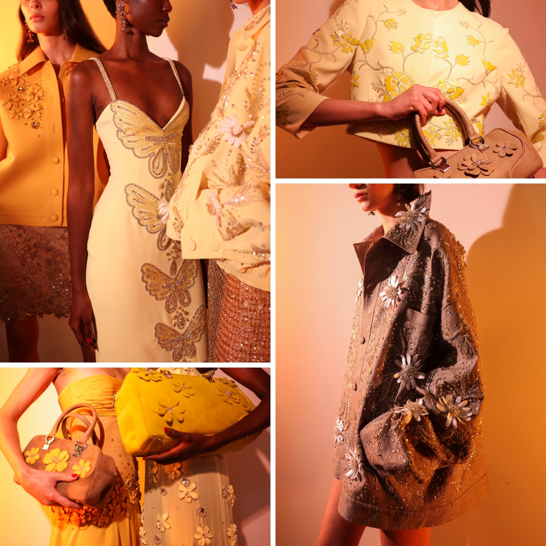 Close-up details from Georges Hobeika’s Spring 2025 collection, showcasing butterfly embroidery, floral embellishments, and textured designs on gowns, jackets, and handbags in shades of yellow and beige