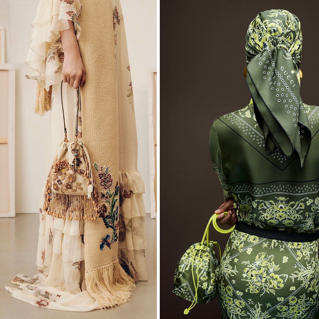 Embroidered drawstring pouches from Etro and Gucci Pre-Fall 2025—one with wooden bead fringe, the other styled with matching printed scarf