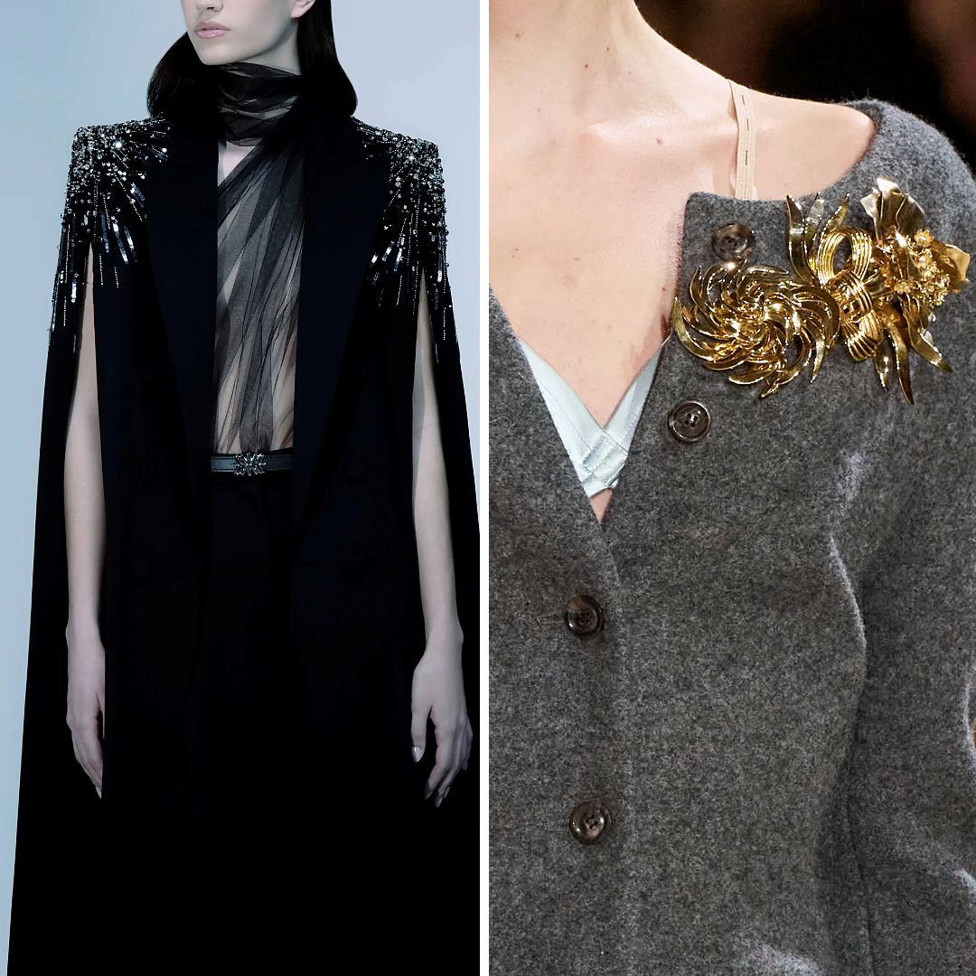Close-up collage showing Fall/Winter 2025 runway trends: a crystal-embroidered black cape with sculpted shoulders, and a grey cardigan styled with large gold floral brooches. This image reflects key embellishment ideas from the season — structure, contrast, and surface intervention