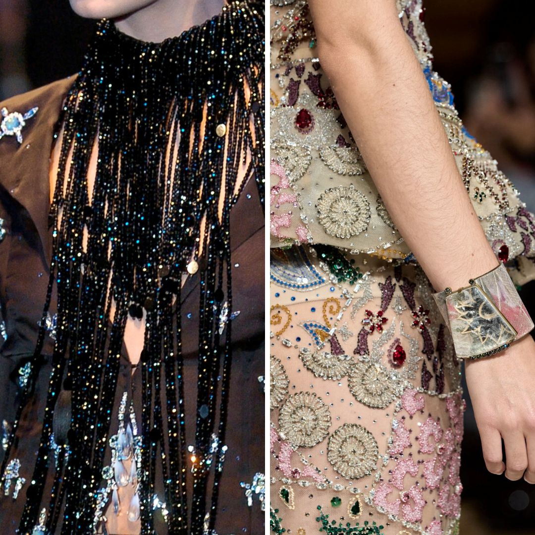 A close-up of intricate embellishments in Armani Privé couture, showcasing beaded fringe details on a dark gown and elaborate embroidery with gemstones, metallic threads, and floral motifs on a pastel ensemble. The craftsmanship highlights the delicate artistry of haute couture embellishment techniques