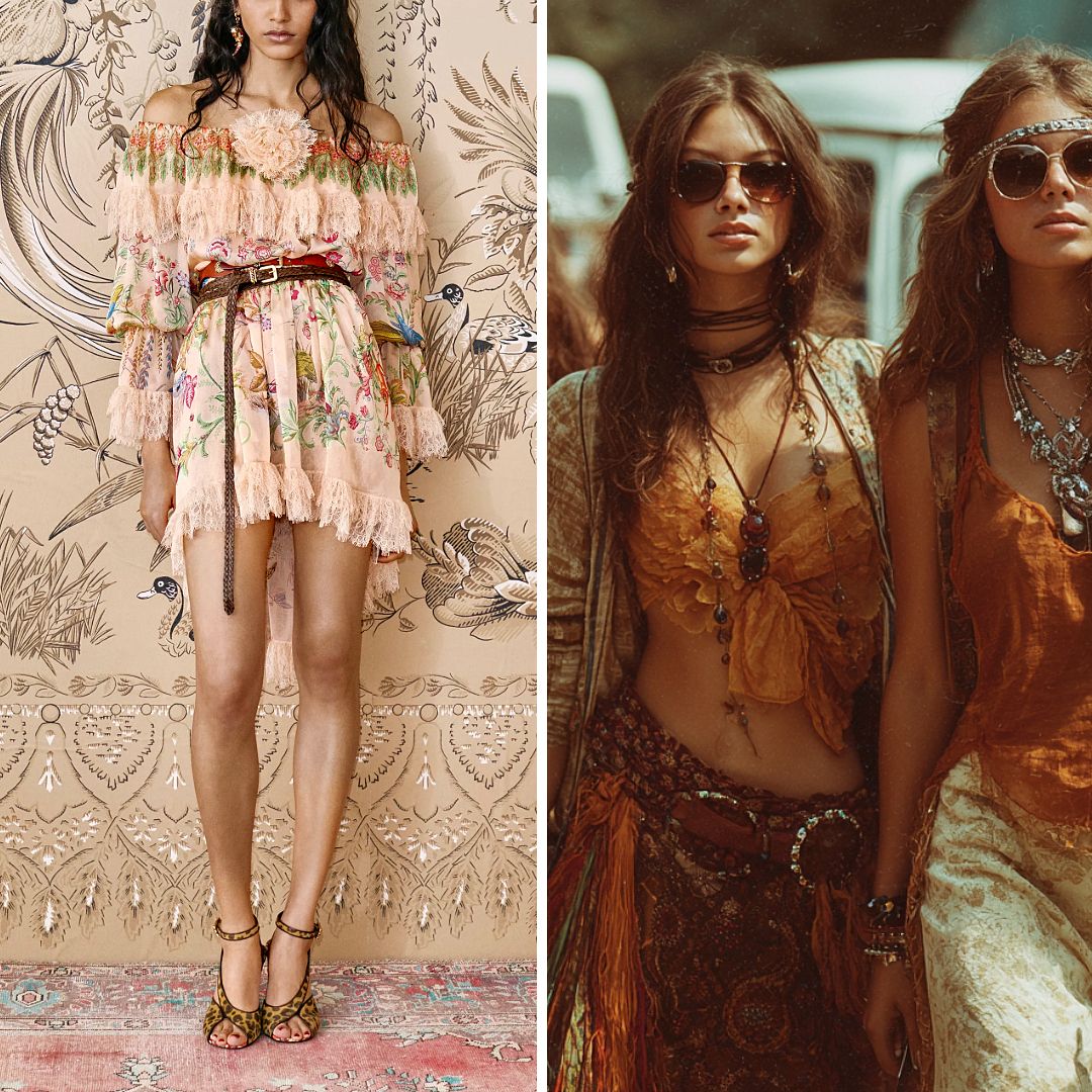 A collage comparing an Etro Resort 2026 floral boho dress with 1970s-inspired festival looks featuring layered jewellery, earthy tones, and textured fabrics